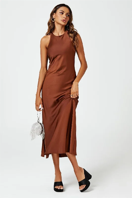 Midi dresses with button - down skirts for a unique and functional designFS Collection Slim Fit Satin Midi Dress In Brown Midi dresses with button - down skirts for a unique and functional designFS Collection Slim Fit Satin Midi Dress In Brown