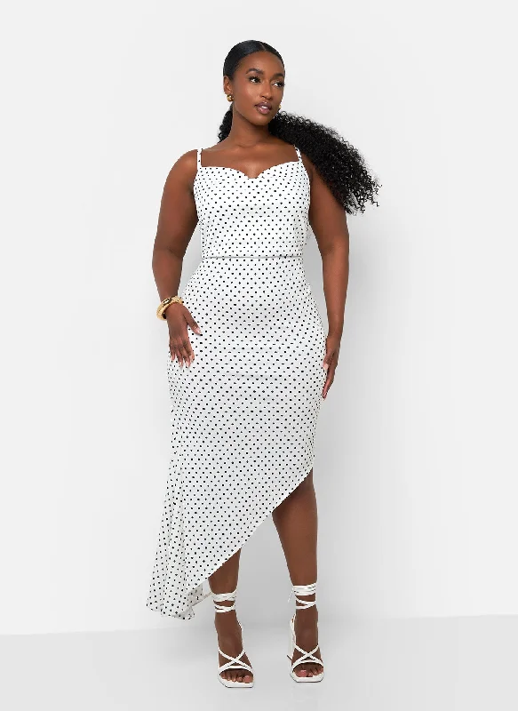 Midi dresses with tassel accents for a bohemian and free - spirited styleGloria Polka Dot Cowl Neck Midi Bodycon Dress - White & Black Midi dresses with tassel accents for a bohemian and free - spirited styleGloria Polka Dot Cowl Neck Midi Bodycon Dress - White & Black