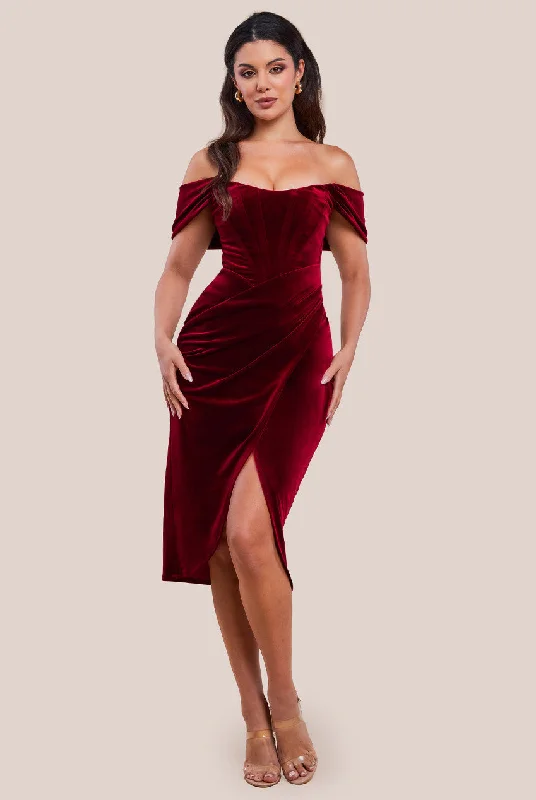 Midi dresses with halter necks for a stylish and comfortable optionGoddiva Draped Shoulder Velvet Corset Midi Dress - Wine Midi dresses with halter necks for a stylish and comfortable optionGoddiva Draped Shoulder Velvet Corset Midi Dress - Wine