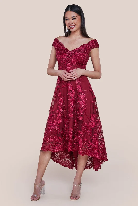 Midi dresses with animal prints for a bold and confident appearanceGoddiva Embroidered Lace Midi Dress With Asymmetrical Hem - Wine Midi dresses with animal prints for a bold and confident appearanceGoddiva Embroidered Lace Midi Dress With Asymmetrical Hem - Wine