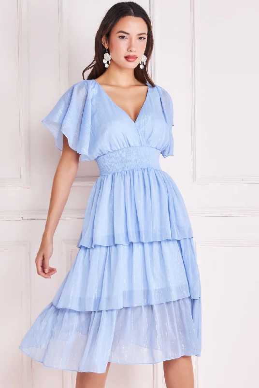 Midi dresses with ruffled sleeves for a more feminine and voluminous lookGoddiva Plain Lurex Chiffon Tiered Dress - Light Blue Midi dresses with ruffled sleeves for a more feminine and voluminous lookGoddiva Plain Lurex Chiffon Tiered Dress - Light Blue