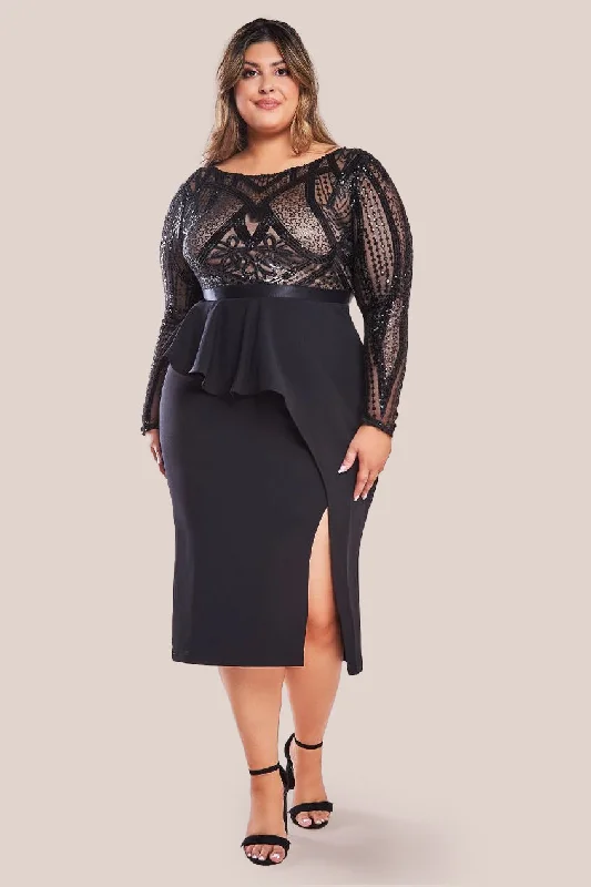 Midi dresses with embroidered accents for a unique and detailed designGoddiva Plus Sequin Bodice With Front Frill Midi - Black Midi dresses with embroidered accents for a unique and detailed designGoddiva Plus Sequin Bodice With Front Frill Midi - Black