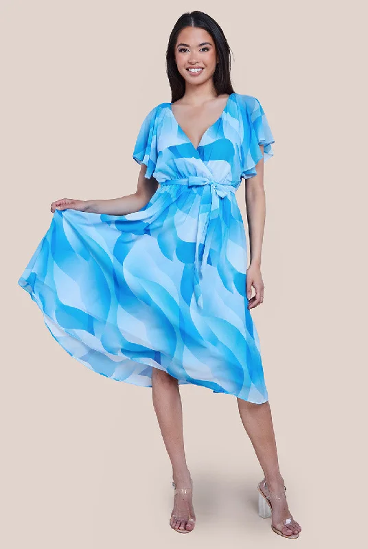 Midi dresses with ruched bodices for a feminine and fitted feelGoddiva Printed Flutter Sleeve Chiffon Midi Dress - Light Blue Midi dresses with ruched bodices for a feminine and fitted feelGoddiva Printed Flutter Sleeve Chiffon Midi Dress - Light Blue