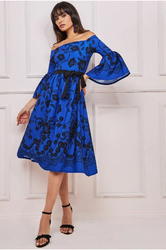 Midi dresses with tassel accents for a bohemian and free - spirited styleGoddiva Printed Off The Shoulder Midi Dress - Royalblue Midi dresses with tassel accents for a bohemian and free - spirited styleGoddiva Printed Off The Shoulder Midi Dress - Royalblue