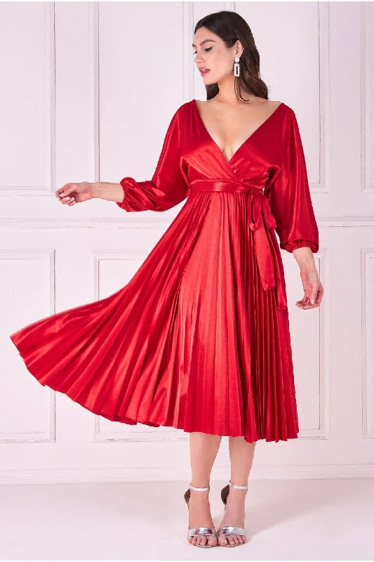 A - line midi dresses with floral prints for spring brunchesGoddiva Satin Pleated Skirt Wrap Midi Dress - Red A - line midi dresses with floral prints for spring brunchesGoddiva Satin Pleated Skirt Wrap Midi Dress - Red