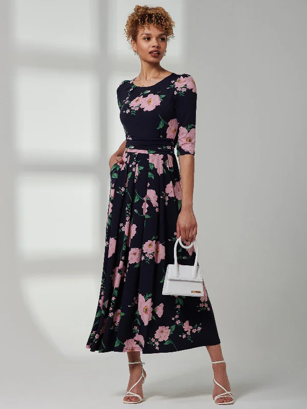 Velvet midi dresses in jewel tones for a glamorous winter eventGoldie 3/4 Sleeve Jersey Maxi Dress, Navy Floral Velvet midi dresses in jewel tones for a glamorous winter eventGoldie 3/4 Sleeve Jersey Maxi Dress, Navy Floral