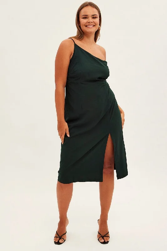 Midi dresses with pom - pom trims for a playful and festive lookGreen Midi Dress Asymmetrical Shoulder Midi dresses with pom - pom trims for a playful and festive lookGreen Midi Dress Asymmetrical Shoulder