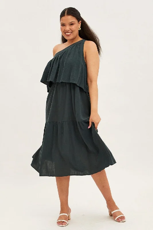 Midi dresses with empire waists for a flattering maternity optionGreen Midi Dress One Shoulder Frill Linen Blend Midi dresses with empire waists for a flattering maternity optionGreen Midi Dress One Shoulder Frill Linen Blend