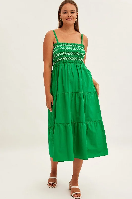 High - low midi dresses with geometric patterns for a modern partyGreen Strap Tiered Maxi Dress Smocked High - low midi dresses with geometric patterns for a modern partyGreen Strap Tiered Maxi Dress Smocked