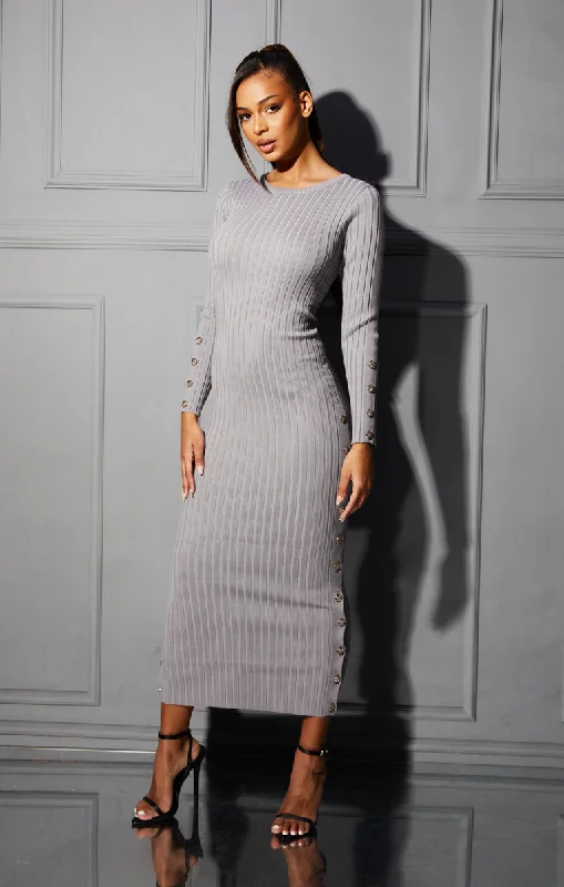 Midi dresses with ruched bodices for a feminine and fitted feelGrey Ribbed Long Sleeve Button Detail Bodycon Midi Dress - Karina Midi dresses with ruched bodices for a feminine and fitted feelGrey Ribbed Long Sleeve Button Detail Bodycon Midi Dress - Karina
