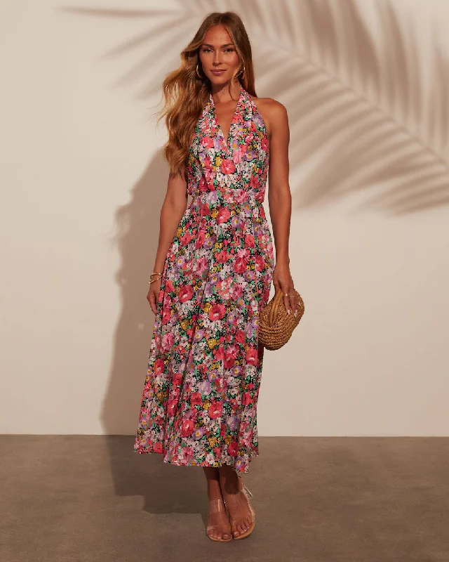 High - low midi dresses with geometric patterns for a modern partySaskia Halter Tie Waist Floral Midi Dress High - low midi dresses with geometric patterns for a modern partySaskia Halter Tie Waist Floral Midi Dress