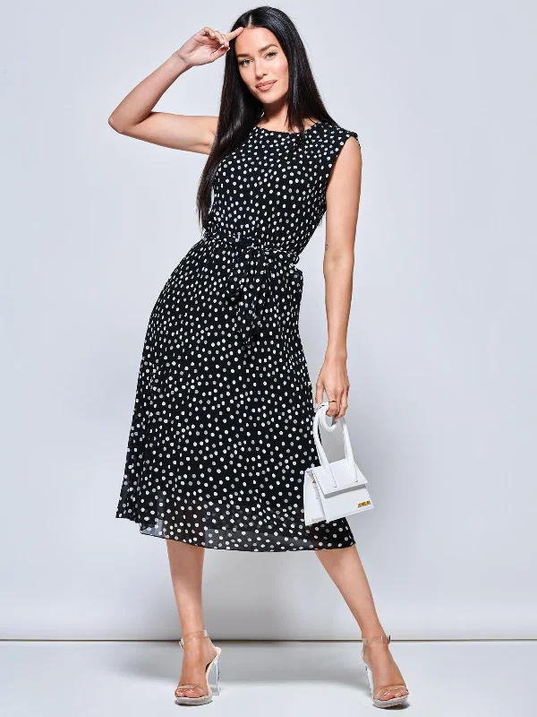 Midi dresses with gathered skirts for a full and flowing silhouetteHaniya Spot Print Pleated Chiffon Dress, Black Midi dresses with gathered skirts for a full and flowing silhouetteHaniya Spot Print Pleated Chiffon Dress, Black