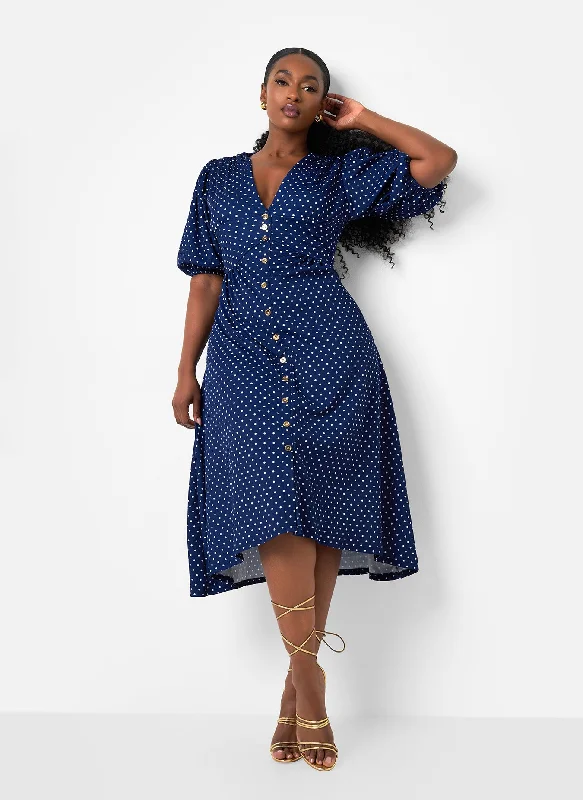 Midi dresses with puff sleeves for a vintage - inspired lookHannah Polka Dot Button Front Midi A Line Dress - Navy & White Midi dresses with puff sleeves for a vintage - inspired lookHannah Polka Dot Button Front Midi A Line Dress - Navy & White