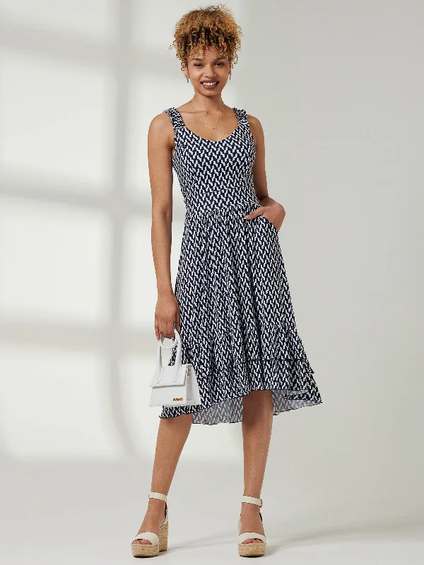 Midi dresses with belted waists to accentuate the figureHarleen Sleeveless Tiered Midi Dress, Navy Geo Midi dresses with belted waists to accentuate the figureHarleen Sleeveless Tiered Midi Dress, Navy Geo