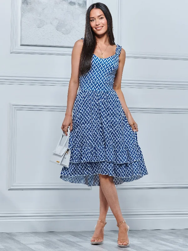 Midi dresses with sheer panels for a touch of allureHarleen Sleeveless Tiered Midi Dress, Blue Geo Midi dresses with sheer panels for a touch of allureHarleen Sleeveless Tiered Midi Dress, Blue Geo