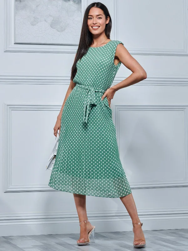 Midi dresses with bow accents for a sweet and charming lookHayes Pleated Chiffon Midi Dress, Green Polka Midi dresses with bow accents for a sweet and charming lookHayes Pleated Chiffon Midi Dress, Green Polka