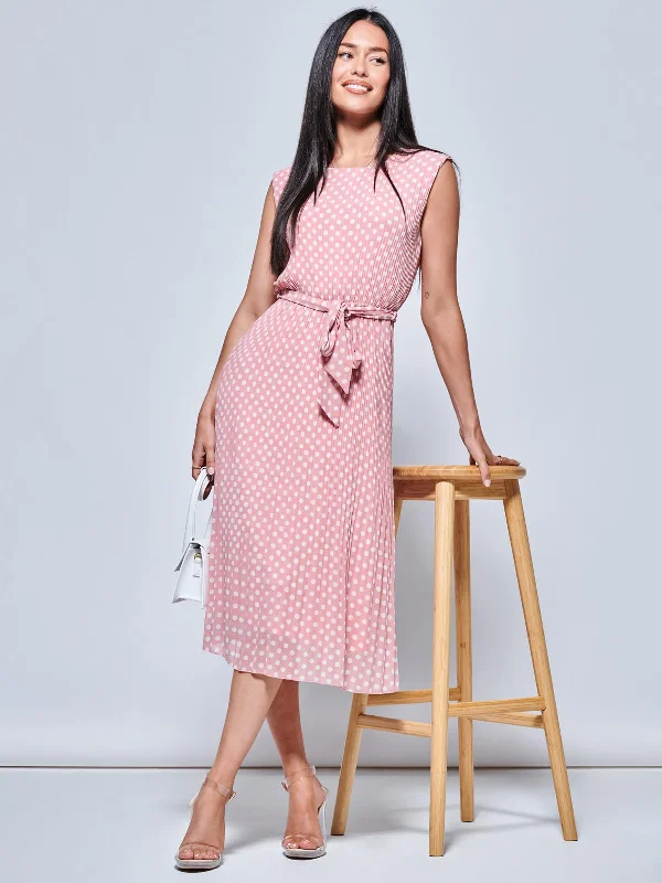 Midi dresses with denim fabric for a casual yet stylish day outHayes Pleated Chiffon Midi Dress, Pink Polka Midi dresses with denim fabric for a casual yet stylish day outHayes Pleated Chiffon Midi Dress, Pink Polka