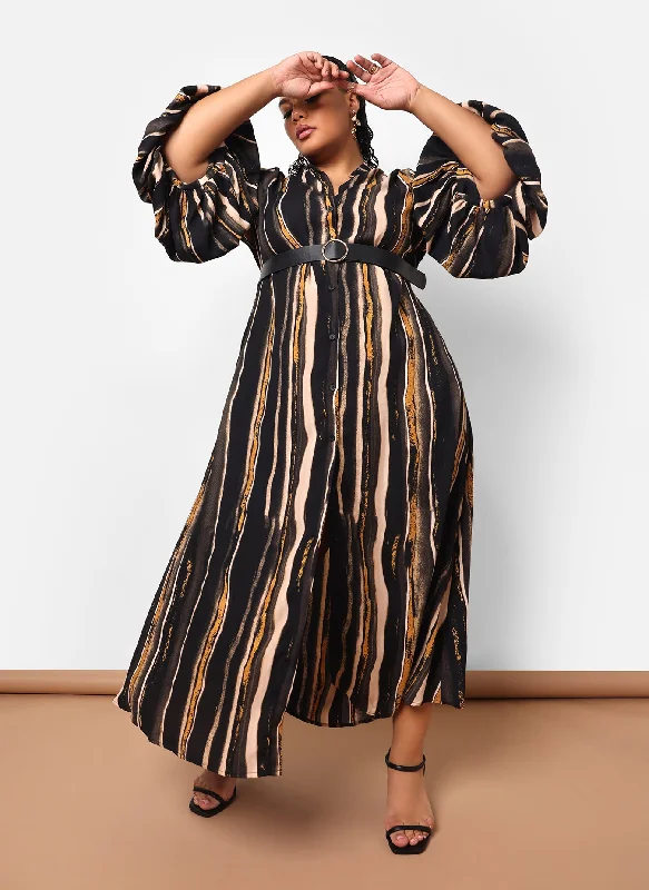 Midi dresses with pleated skirts for a timeless and elegant appealImelda Stripe Print Puff Sleeve Oversized Maxi Dress Midi dresses with pleated skirts for a timeless and elegant appealImelda Stripe Print Puff Sleeve Oversized Maxi Dress