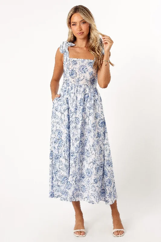 Midi dresses with asymmetric hems for a fashion - forward and dynamic appearanceJanie Midi Dress - Blue Floral Midi dresses with asymmetric hems for a fashion - forward and dynamic appearanceJanie Midi Dress - Blue Floral