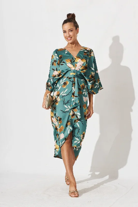 Midi dresses with tiered skirts for a bohemian festival lookJoyful Midi Dress In Green With Blush Floral Satin Midi dresses with tiered skirts for a bohemian festival lookJoyful Midi Dress In Green With Blush Floral Satin