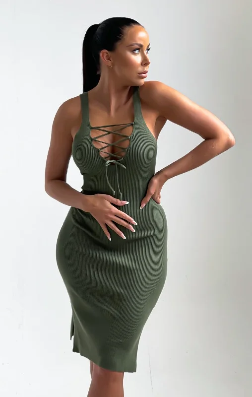 Midi dresses with side slits for a sexy and elegant appearanceKhaki Front Tie Knitted Rib Side Split Midi Dress - Adia Midi dresses with side slits for a sexy and elegant appearanceKhaki Front Tie Knitted Rib Side Split Midi Dress - Adia