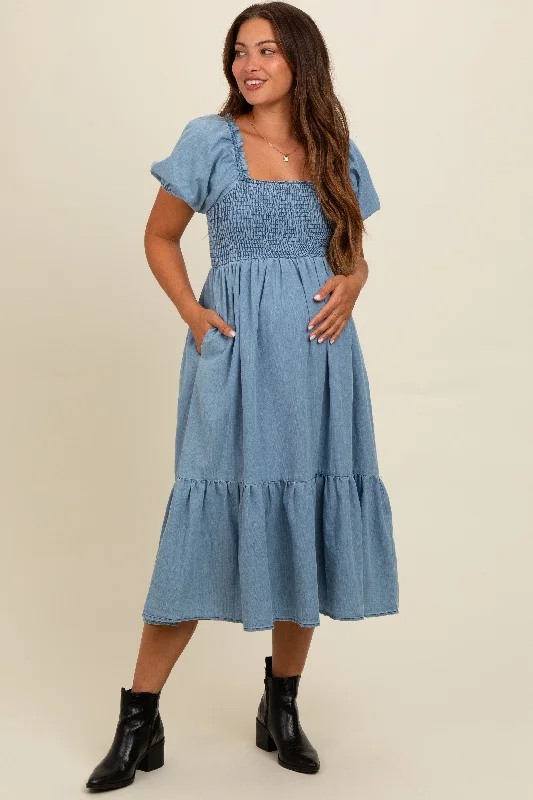 Midi dresses with gathered skirts for a full and flowing silhouetteLight Blue Vintage Wash Chambray Smocked Maternity Midi Dress Midi dresses with gathered skirts for a full and flowing silhouetteLight Blue Vintage Wash Chambray Smocked Maternity Midi Dress