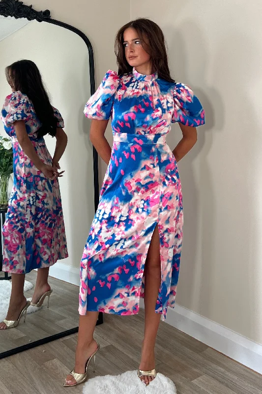Midi dresses with cold - shoulder cutouts for a trendy styleLilith Puff Sleeve High Neck Midi Dress Blue Pink Print Midi dresses with cold - shoulder cutouts for a trendy styleLilith Puff Sleeve High Neck Midi Dress Blue Pink Print