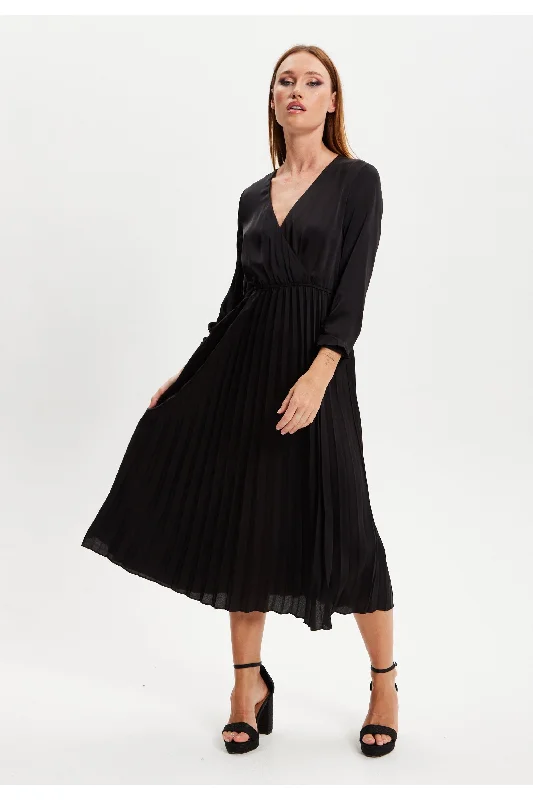 Liquorish Black Midi Dress With Pleat Details