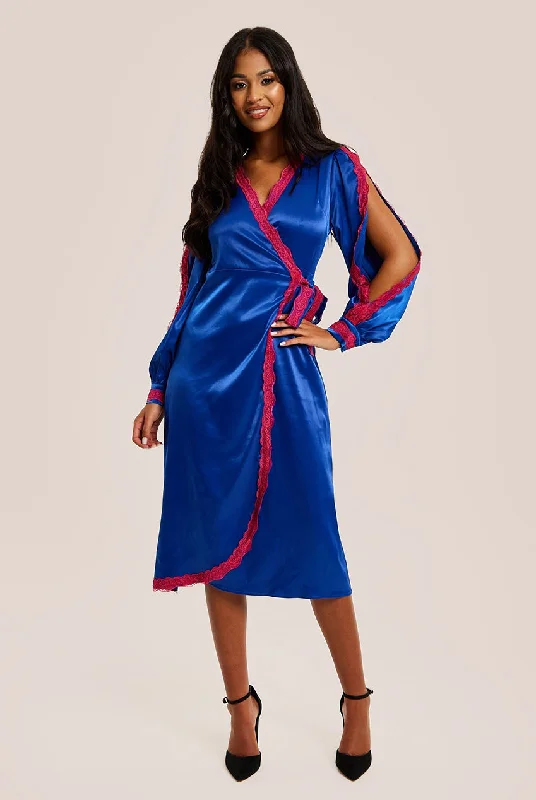 Midi dresses with ribbed textures for a unique and tactile appearanceLiquorish Royal Blue Satin Midi Wrap Dress With Lace Details And Sleeve Slits Midi dresses with ribbed textures for a unique and tactile appearanceLiquorish Royal Blue Satin Midi Wrap Dress With Lace Details And Sleeve Slits