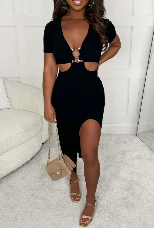 Midi dresses with ribbed textures for a unique and tactile appearanceLittle Miss Cutie Black Gold Buckle Short Sleeve Cut Out Knitted Midi Dress Midi dresses with ribbed textures for a unique and tactile appearanceLittle Miss Cutie Black Gold Buckle Short Sleeve Cut Out Knitted Midi Dress