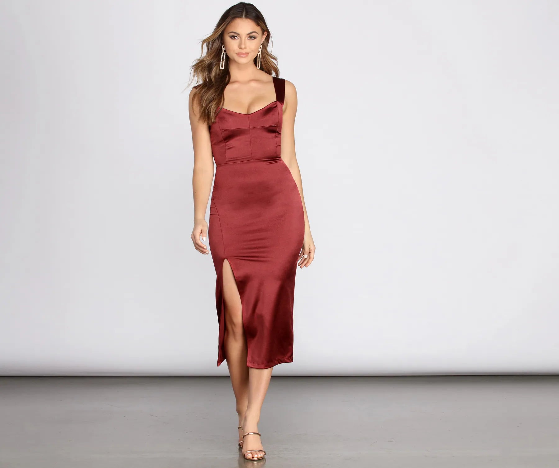 Midi dresses with sheer panels for a touch of allureLucia Side Slit Satin Dress