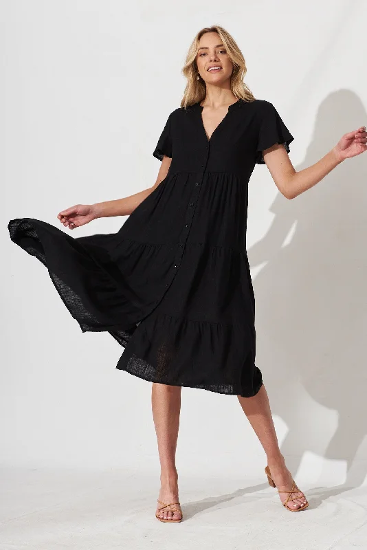 Wrap - style midi dresses in silk for a sophisticated office lookMarvela Midi Shirt Dress In Black Linen Blend Wrap - style midi dresses in silk for a sophisticated office lookMarvela Midi Shirt Dress In Black Linen Blend