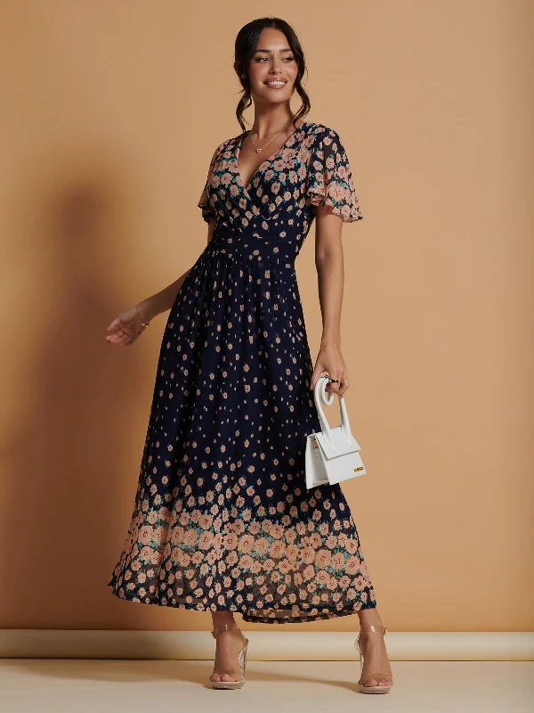 Midi dresses with tassel accents for a bohemian and free - spirited styleMirrored Mesh Angel Sleeve Maxi Dress, Navy Floral Midi dresses with tassel accents for a bohemian and free - spirited styleMirrored Mesh Angel Sleeve Maxi Dress, Navy Floral
