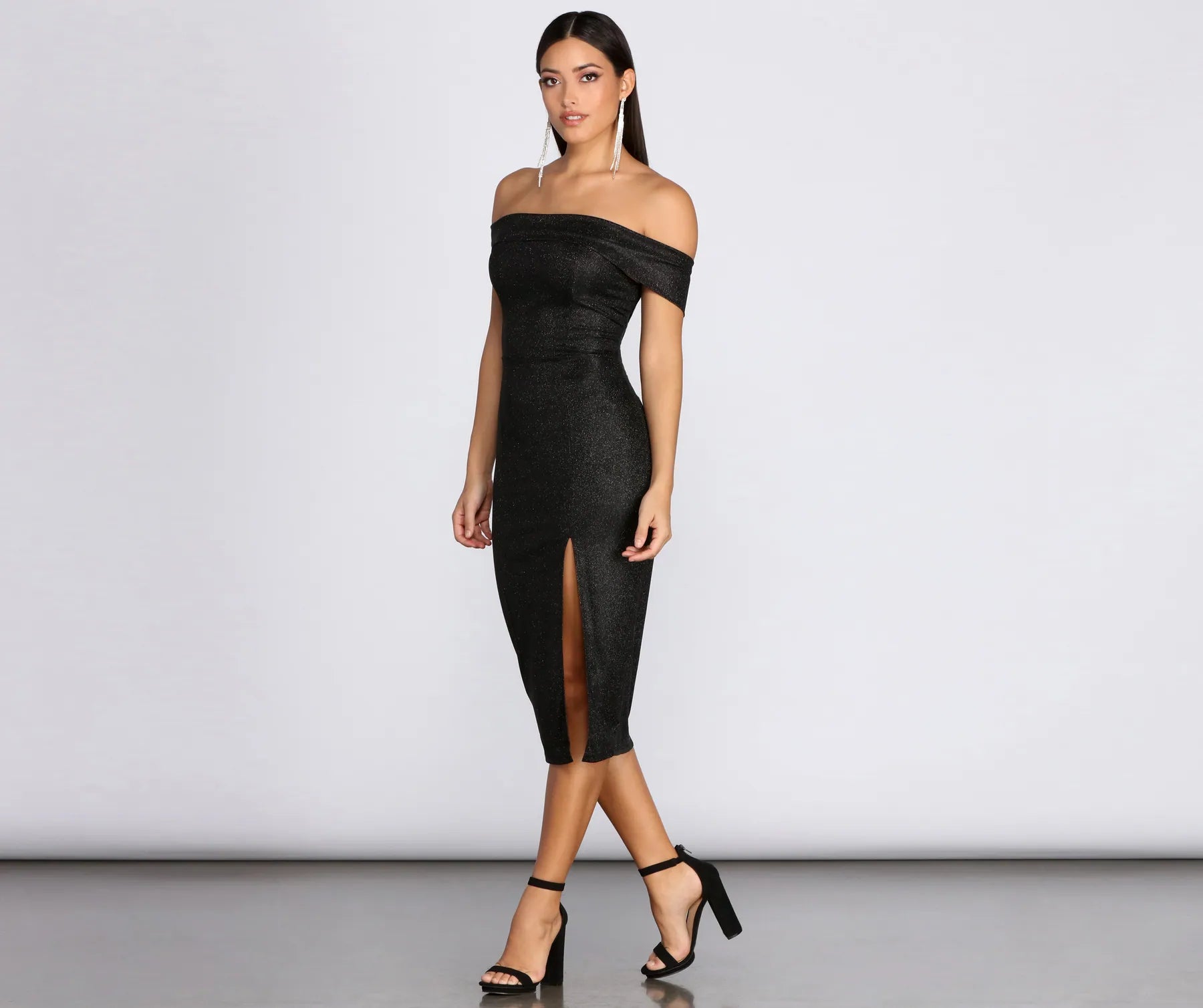 Midi dresses with ribbed textures for a unique and tactile appearanceMisty Off Shoulder Glitter Dress Midi dresses with ribbed textures for a unique and tactile appearanceMisty Off Shoulder Glitter Dress