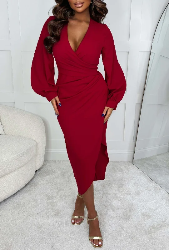 Midi dresses with lace - up fronts for a unique and adjustable styleMy Moment Red Long Sleeve Ruched Detail Midi Dress Midi dresses with lace - up fronts for a unique and adjustable styleMy Moment Red Long Sleeve Ruched Detail Midi Dress