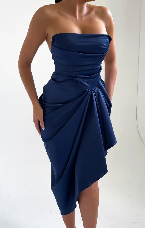 Midi dresses with button - front designs for a classic touchNavy Blue Satin High Split Bardot Midi Dress - Fannie Midi dresses with button - front designs for a classic touchNavy Blue Satin High Split Bardot Midi Dress - Fannie