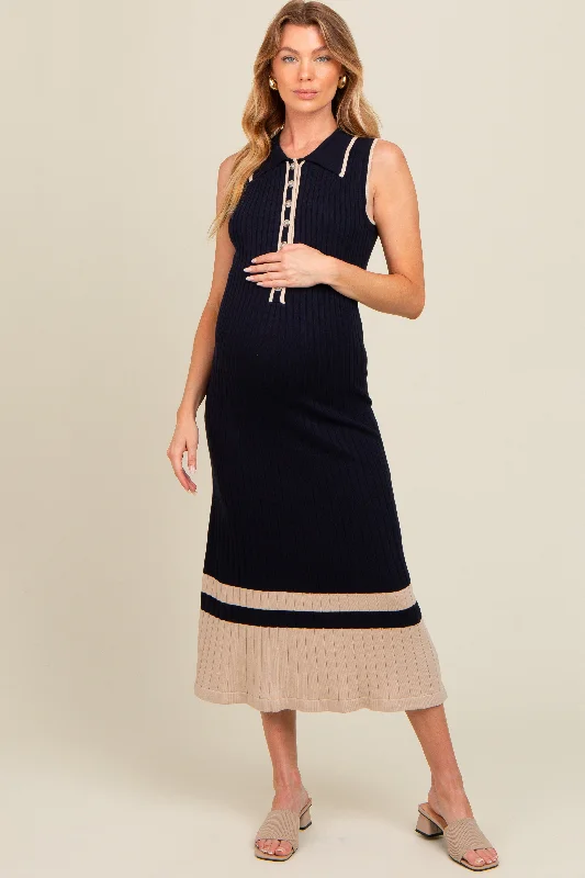 Midi dresses with asymmetric hems for a fashion - forward and dynamic appearanceNavy Knit Button Front Contrast Border Maternity Midi Dress Midi dresses with asymmetric hems for a fashion - forward and dynamic appearanceNavy Knit Button Front Contrast Border Maternity Midi Dress
