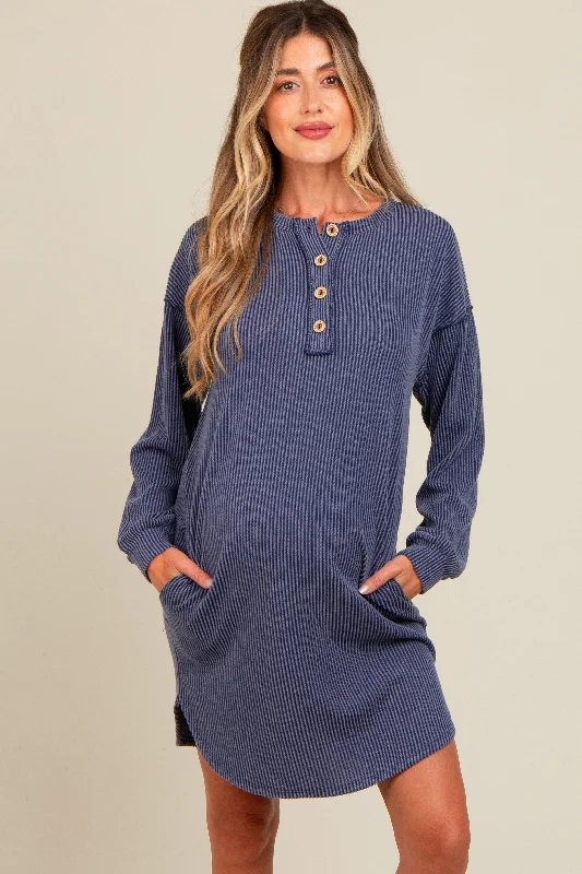 Midi dresses with gathered skirts for a full and flowing silhouetteNavy Ribbed Button Accent Maternity Dress Midi dresses with gathered skirts for a full and flowing silhouetteNavy Ribbed Button Accent Maternity Dress