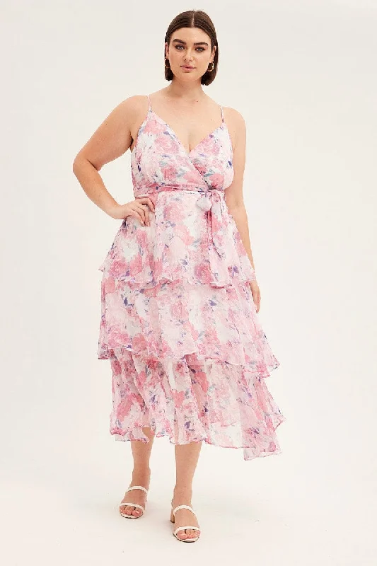 Midi dresses with one - shoulder designs for a modern and asymmetric stylePink Floral Midi Dress Shoestring Frill Chiffon Print Midi dresses with one - shoulder designs for a modern and asymmetric stylePink Floral Midi Dress Shoestring Frill Chiffon Print
