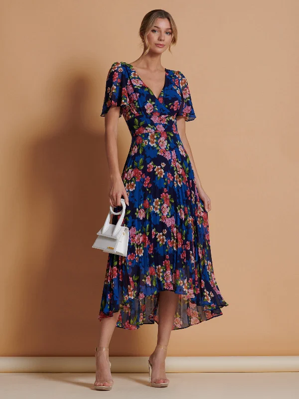 Midi dresses with wrap - around skirts for a customizable fitPleated Chiffon High Low Maxi Dress, Navy Floral Midi dresses with wrap - around skirts for a customizable fitPleated Chiffon High Low Maxi Dress, Navy Floral