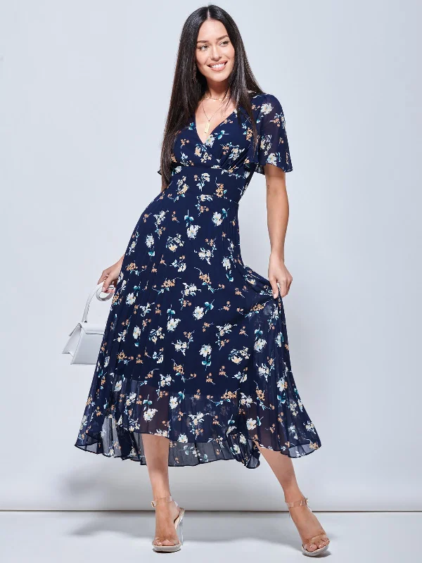 Midi dresses with geometric cutouts for a contemporary and edgy lookPleated Chiffon High Low Maxi Dress, Navy Floral Midi dresses with geometric cutouts for a contemporary and edgy lookPleated Chiffon High Low Maxi Dress, Navy Floral