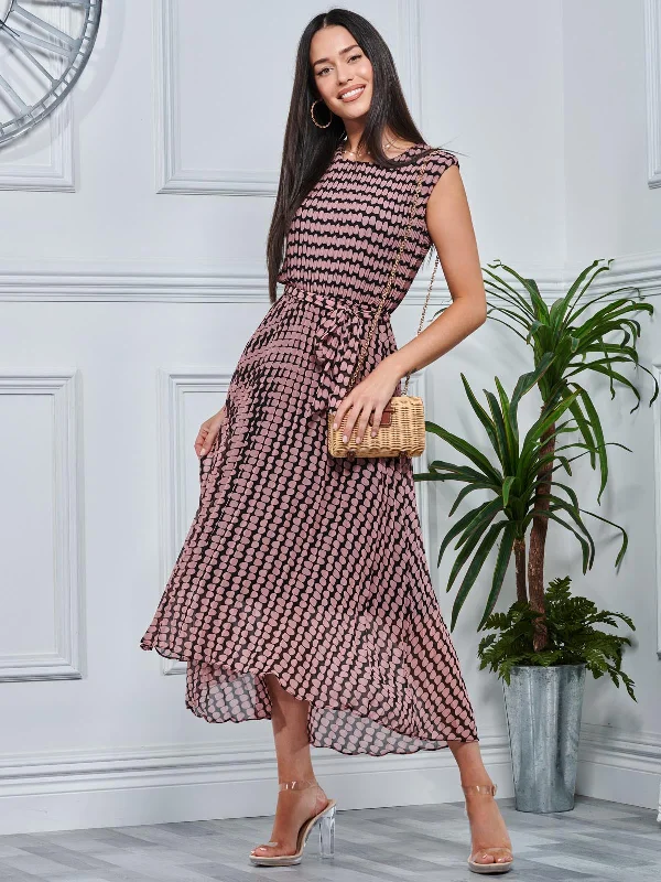 Midi dresses with pleated skirts for a timeless and elegant appealPleated Chiffon High-Low Maxi Dress, Pink Geo Midi dresses with pleated skirts for a timeless and elegant appealPleated Chiffon High-Low Maxi Dress, Pink Geo