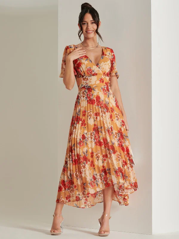 Midi dresses with halter necks for a stylish and comfortable optionPleated Chiffon High Low Maxi Dress, Red Floral Midi dresses with halter necks for a stylish and comfortable optionPleated Chiffon High Low Maxi Dress, Red Floral