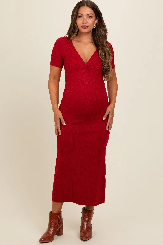 Midi dresses with fringe details for a fun and energetic styleRed Knit Twisted V-Neck Maternity Maxi Dress Midi dresses with fringe details for a fun and energetic styleRed Knit Twisted V-Neck Maternity Maxi Dress