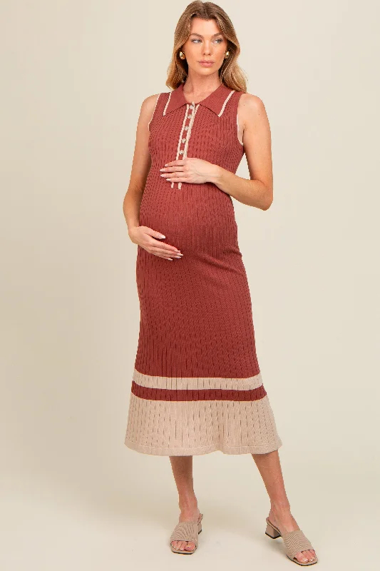 Midi dresses with button - front designs for a classic touchRust Knit Button Front Contrast Border Maternity Midi Dress Midi dresses with button - front designs for a classic touchRust Knit Button Front Contrast Border Maternity Midi Dress