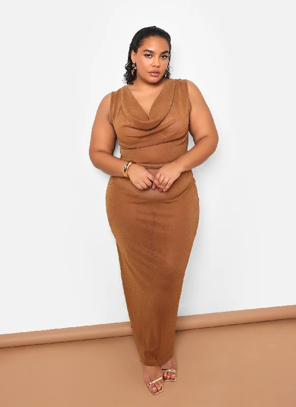 Maxi - inspired midi dresses with flowing fabrics for a beachy vibeSamira Sheer Glitter Mesh Cowl Neck Maxi Bodycon Dress - Mocha