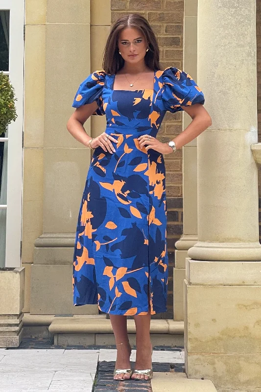 Midi dresses with abstract art prints for an artistic statementShanice Cobalt & Orange Floral Square Neck Midi Dress Midi dresses with abstract art prints for an artistic statementShanice Cobalt & Orange Floral Square Neck Midi Dress