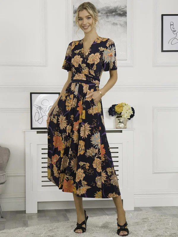 Midi dresses with cold - shoulder cutouts for a trendy styleSherya Jersey Angel Sleeve Maxi Dress, Navy Orange Floral Midi dresses with cold - shoulder cutouts for a trendy styleSherya Jersey Angel Sleeve Maxi Dress, Navy Orange Floral