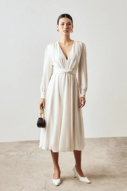 Midi dresses with pleated skirts for a timeless and elegant appealShira Gathered V-Neck Chiffon Midi Dress Midi dresses with pleated skirts for a timeless and elegant appealShira Gathered V-Neck Chiffon Midi Dress