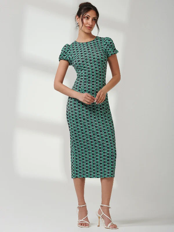 Midi dresses with tassel accents for a bohemian and free - spirited styleShort Sleeve Jersey Bodycon Midi Dress, Green Geo Midi dresses with tassel accents for a bohemian and free - spirited styleShort Sleeve Jersey Bodycon Midi Dress, Green Geo